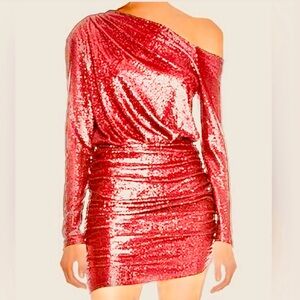 MICHELLE MASON Red Glimmer One Shoulder Mini Dress Cocktail